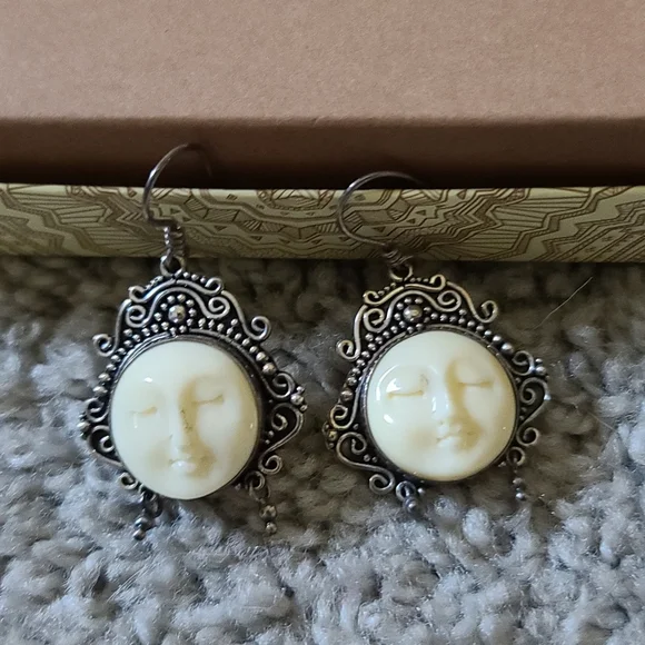 Sterling Silver Moon, Goddess Face Dangle Earrings - Picture 3 of 6